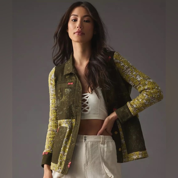 Pilcro Phoenix Embroidered Mixed Media Utility Jacket Green XL